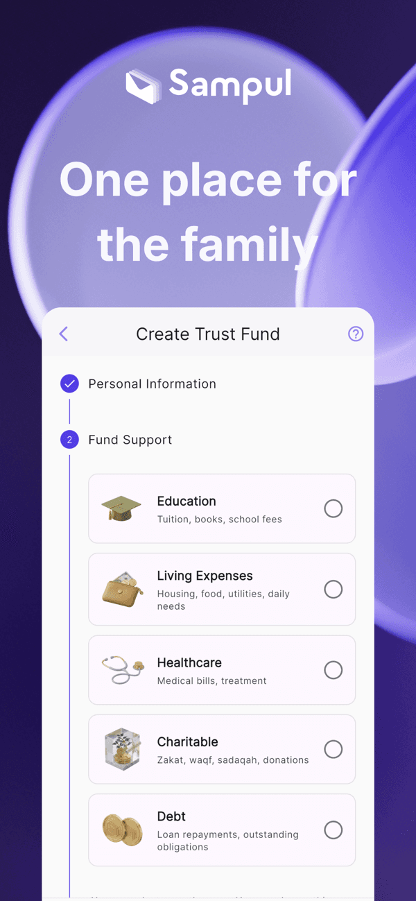 Sampul app screen for creating family trust funds