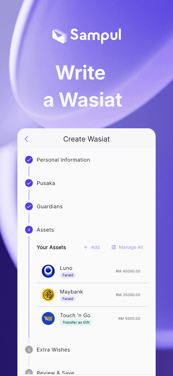 Sampul app screen for writing a wasiat