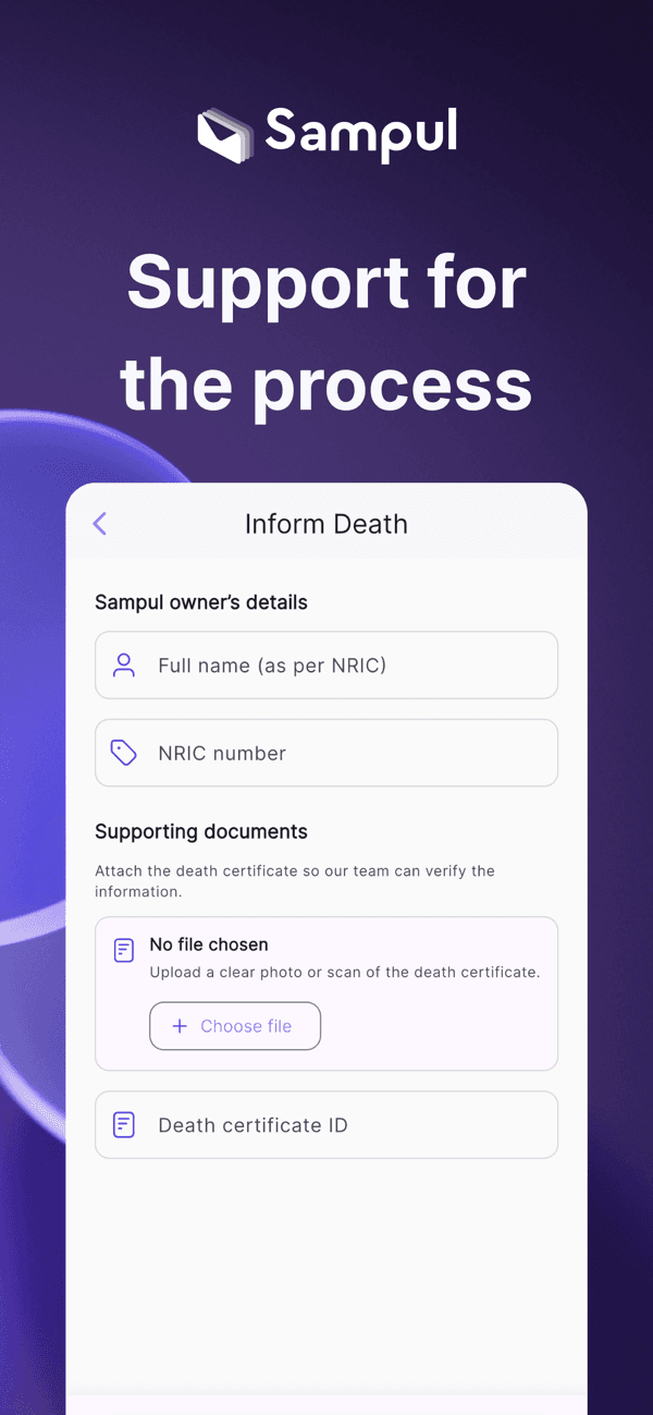 Sampul app screen supporting the inform-death process