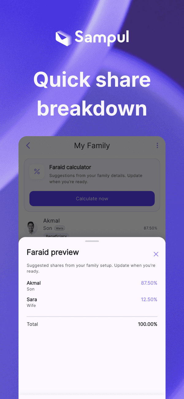 Sampul app faraid calculator showing family share breakdown