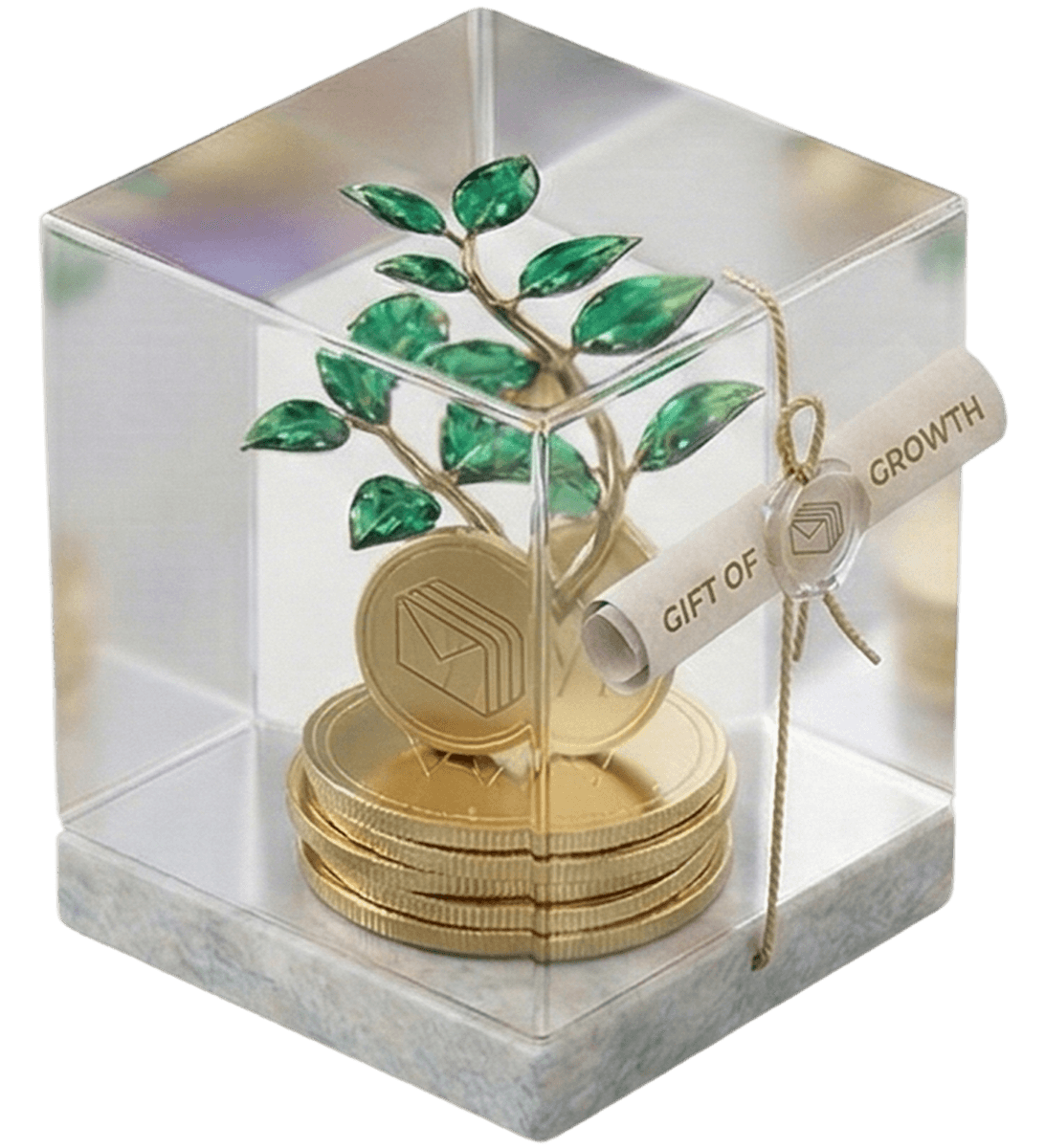 3D illustration of a plant growing from gold coins inside glass