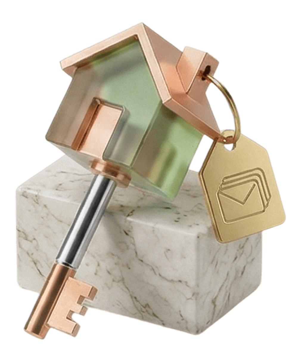 3D illustration of a house and key on a marble block