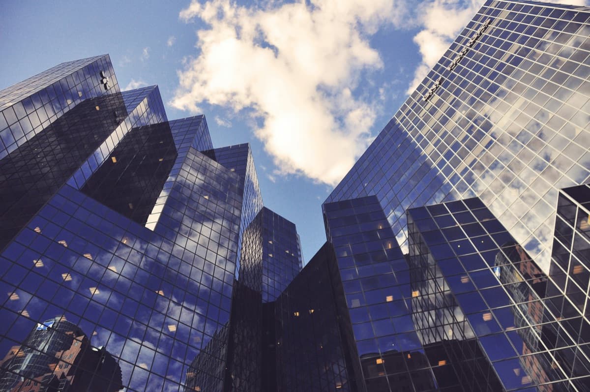 Glass office towers against the sky