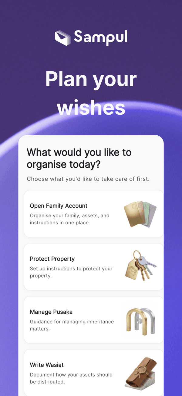 Sampul app onboarding — plan your wishes