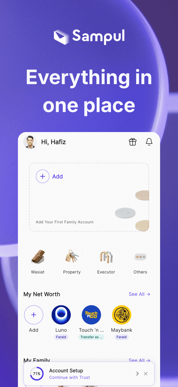 Sampul app dashboard showing net worth, accounts, and family members