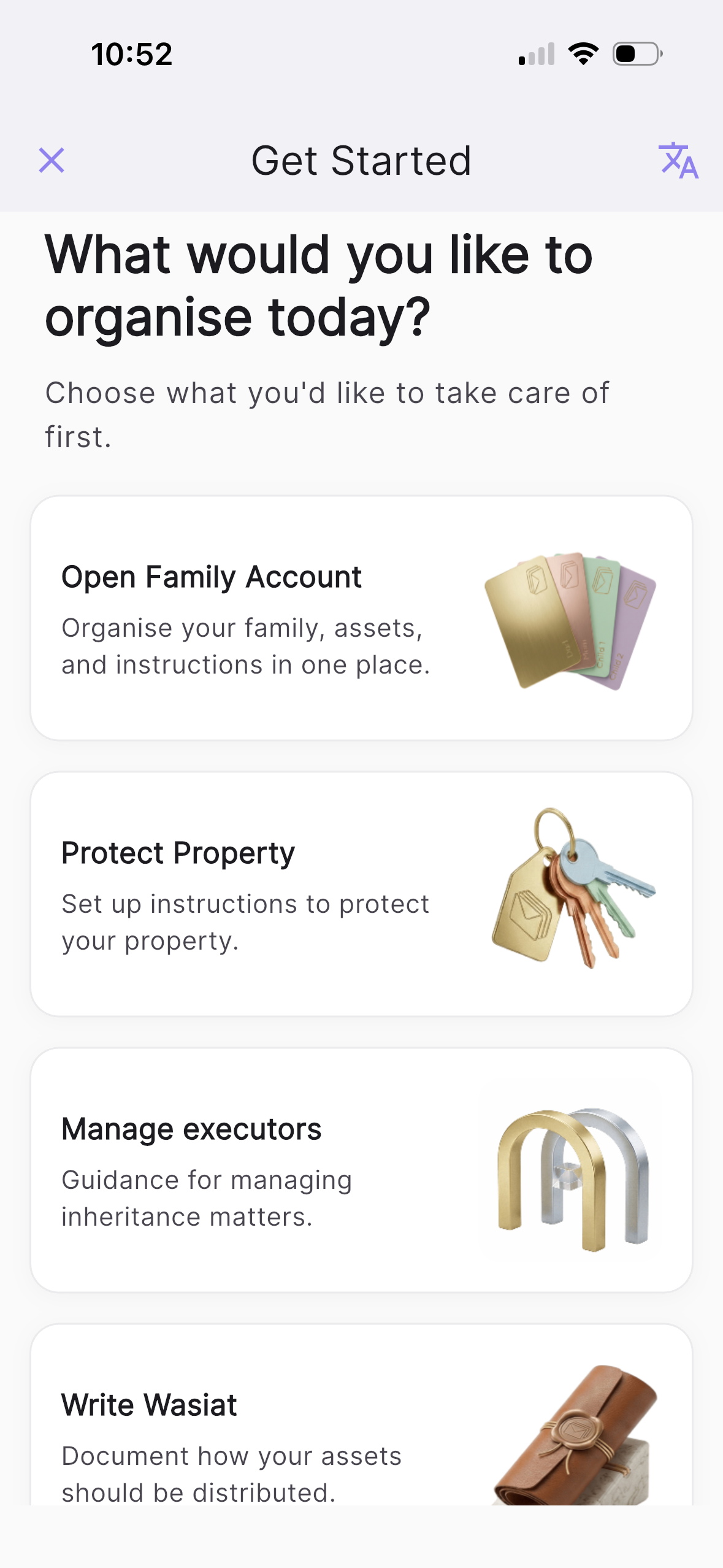 Sampul app — choose what to organise today
